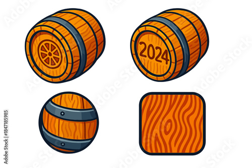 Vibrant Barrel Illustrations. Isometric vector illustration set Barrel Engraving Details: Cooperage stamp, vintage year carving,
