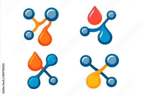 Liquid Fusion Icons. Flat vector icons of liquid fusion networks: fluid connections between metallic nodes, droplets merging to