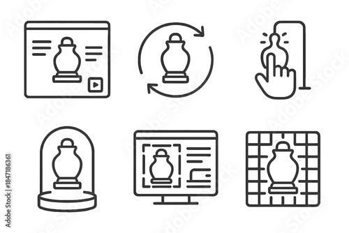 Artifact Interaction Icons. Line style icons of artifact interaction simulators: museum display interface, rotating relic icon,