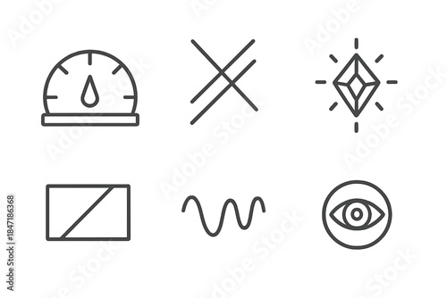 Sharp Harmony Icons. Line style icons of sharp harmony indicators: fine balance gauge, intersecting precision lines, crystal focus