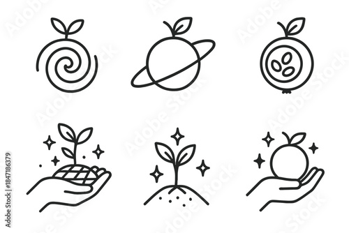 Cosmic Fruit Icons. Line style icons of galaxy fruit cultivators: spiral fruit form, orbit ring stem, planetary seed pod, glowing
