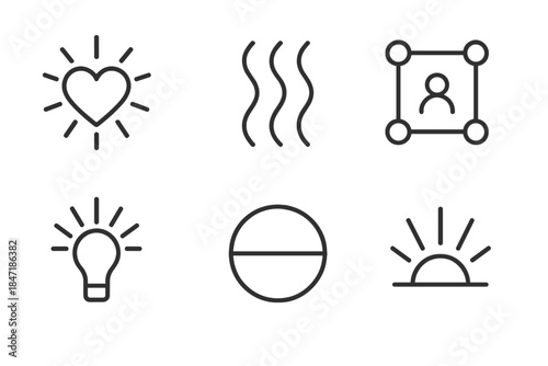 Icons of Optimism. Line style icons of joy foundation planners: radiant heart symbol, upward flow lines, community connection grid