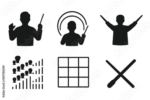 Orchestral Conductor Icons. Line style icons of shadow concert directors: conductor silhouette, motion wave arcs, guiding light