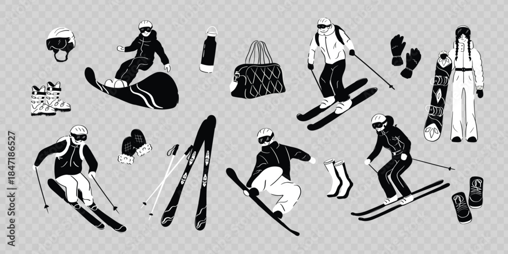 Φωτογραφία Big set of hand-drawn winter sports stickers featuring skiers, snowboarders, and ski equipment for branding and editorial design