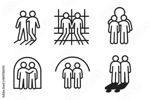 Supportive Shadow Icons. Line style icons of companion shadows showing support: mirrored silhouettes walking, overlapping shadow