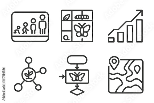 Adaptive Growth Icons. Line style icons of adaptive growth systems: life stage interface, metamorphic tracking grid, progressive