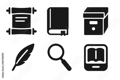 Cultural Story Icons. Solid style icons of cultural story preservation tools: scroll, book, archival box, quill, magnifying glass,