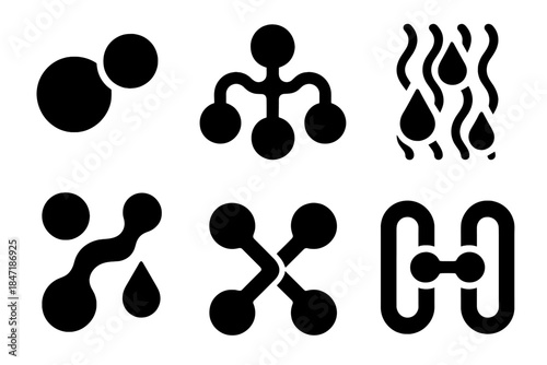 Metallic Fluid Icons. Solid style icons of metallic fluid systems: merging beads, liquid nodes, conductive flows, network droplets