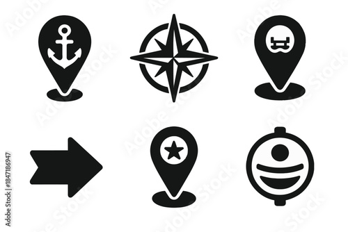 Nautical Icon Set. Solid style icons of nautical positioning systems: anchor pins, compass roses, docking markers, course arrows,