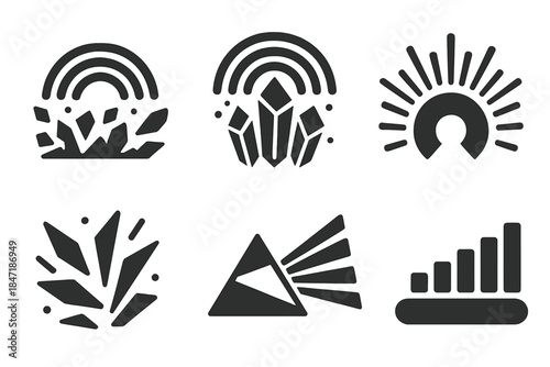 Chromatic Pulse Icons. Solid style icons of chromatic pulse systems: rainbow shards, glowing crystals, beat-aligned rays, light
