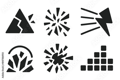 Rhythmic Light Fragments. Solid style icons of rhythmic light fragmentation: broken prisms, pulsing shards, color rays,