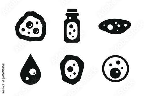 Atmospheric Fossil Icons. Solid style icons of atmospheric fossil collections: trapped air spheres, amber vials, tiny gas pockets,