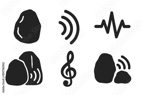 Ancient Rock Instruments. Solid style icons of ancient rock instruments: carved stones, vibration lines, pulse markers, monolithic