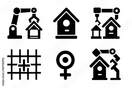 Automated Birdhouse Construction. Solid style icons of automated birdhouse engineers: robotic arms, birdhouse frames, mechanical
