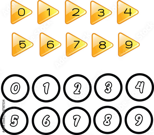 Glossy Yellow Geometric Number Icons Set. Abstract Modern Graphic Design with Dark Blue Digits from Zero to Nine for UI App Buttons, Business Data, or Logo Elements.