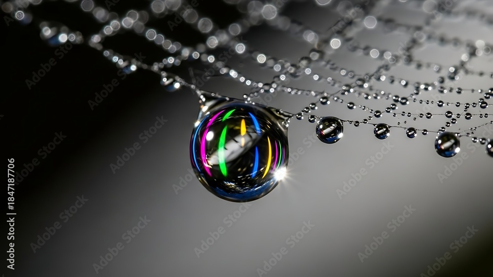 Fototapeta premium A mesmerizing close-up of a spider web adorned with numerous water droplets, one reflecting a vibrant spectrum of colors.