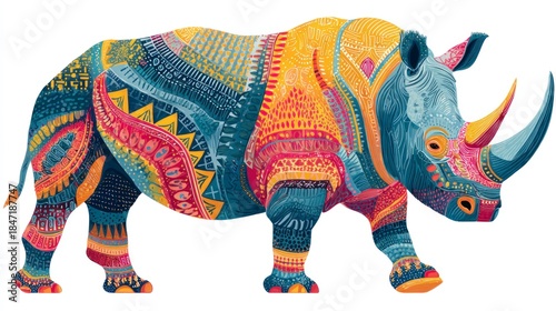 Colorful illustration of a walking rhinoceros with intricate patterned design