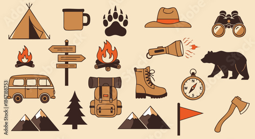 Camping and Outdoor Adventure Icons and Elements for Nature Exploration and Recreation.