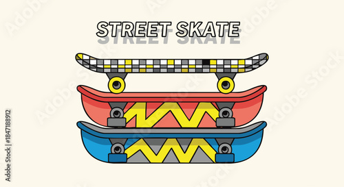 Colorful Skateboards Stacked Together, Street Skate Concept.