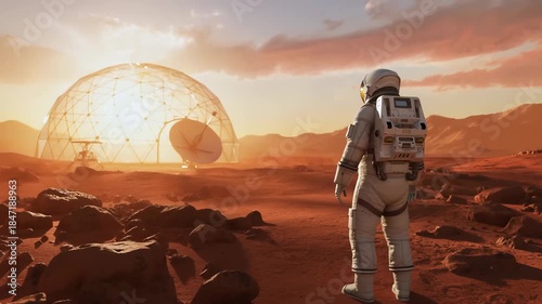 Astronaut exploring the rocky martian landscape during sunset, looking towards a futuristic geodesic dome habitat and communication satellite on the red planet