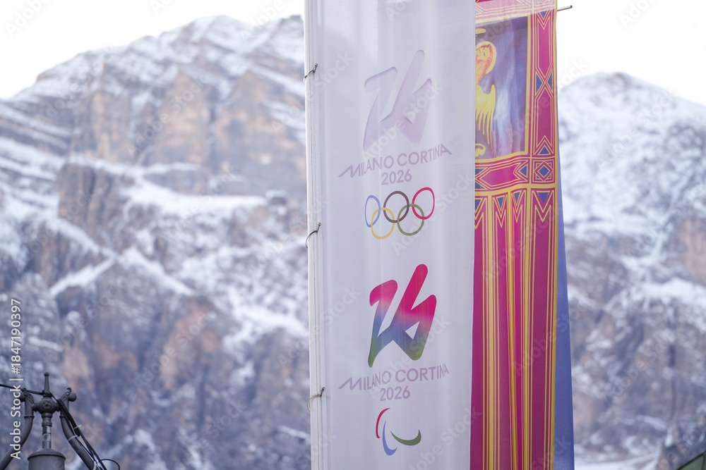 Fototapeta premium CORTINA D'AMPEZZO, ITALY - December 12, 2025: The logo with the Olympic rings in Cortina 2026 is for the 25th Olympic Winter Games.