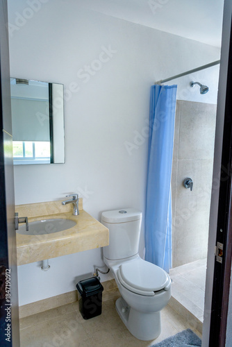 modern bathroom with blue shower curtain and white decor