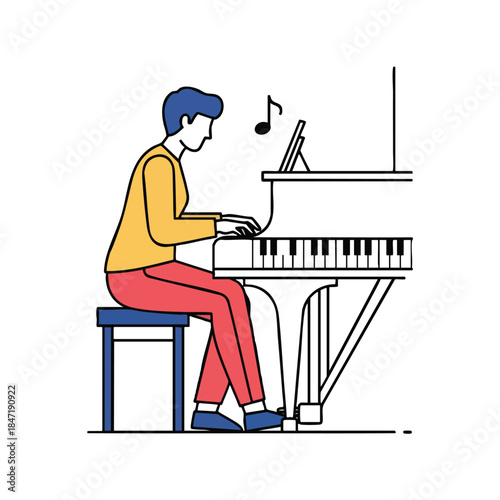 A person plays a piano. Sheet music, a stool, and colored attire are present