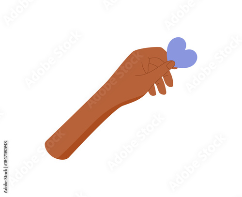 Flat hand holding heart symbol sticker. Human gesture of love, care, and giving with charity and support. Simplistic colorful concept for aid, solidarity, nonprofit messages.