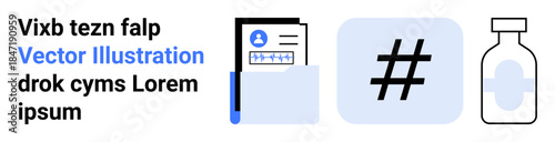 User card with profile photo and data, metadata tag icon, medicine bottle. Ideal for healthcare, technology, social media, data management, branding, digital marketing simple landing page