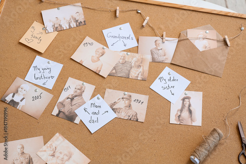 Board with family tree, top...