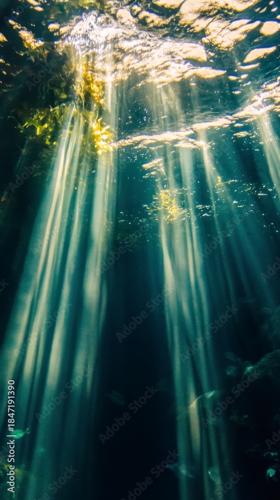Obraz premium Sunlight beams through clear water creating underwater atmosphere