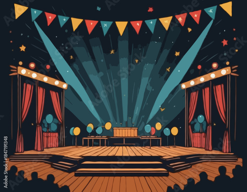 Detailed Woodcut Illustration of a Party Stage with Lights and S