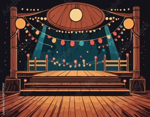 Detailed Woodcut Illustration of a Party Stage with Lights and S