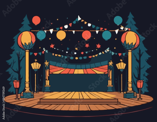 Detailed Woodcut Illustration of a Party Stage with Lights and S