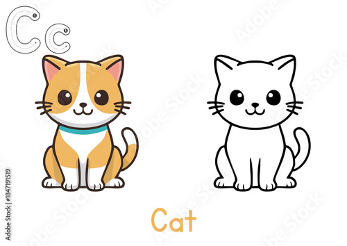Alphabet coloring page letter C with Cat, coloring page for kids, C for Cat, C large, Clear letter C next to a friendly cartoon Cat, Educational page, Thick outlines, Black and white