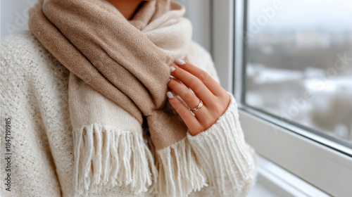 Cozy winter fashion: woman choosing cream sweater and scarf by the window