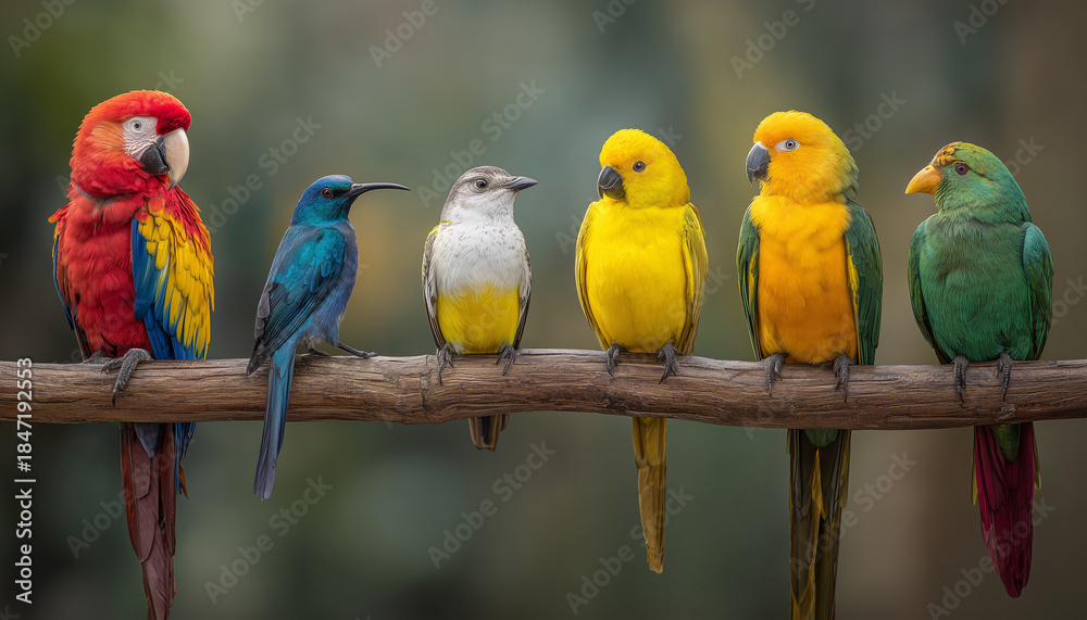 Obraz premium A group of colorful birds sitting on a branch together