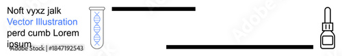 Biotechnology, healthcare, laboratory research, scientific studies, genetic testing, pharmaceutical solutions. DNA symbol in test tube and serum dropper with minimalistic lines. Biotechnology
