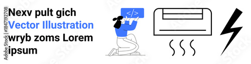 Technology, coding, utilities, energy, programming, comfort systems. Image of a woman at a display screen, an air conditioner and a lightning bolt icon. Technology and energy concepts