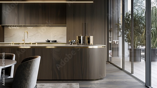 Elegant, modern kitchen with rich wood, gold accents, and a view of greenery
