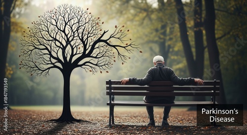 Elderly man sits on a park bench observing a bare tree. This scene reflects the deep challenge of Parkinson's disease, symbolizing neurological health and enduring strength.