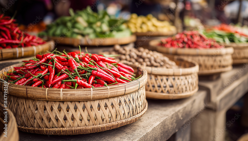 Fototapeta premium Chili peppers in baskets on market stall. Red hot peppers display. Fresh harvest from farm. Food ingredient. Spice seller trade at