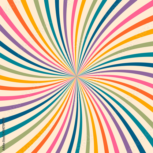 Swirl retro starburst background, groovy spiral candy pattern. Carnival radial rainbow print, abstract funky bg. Disco striped rays poster, wave twist line grunge effect wallpaper. Vector illustration