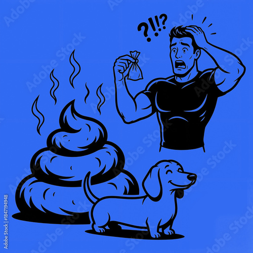 Man finds dog waste and looks shocked in color: cerulean bright