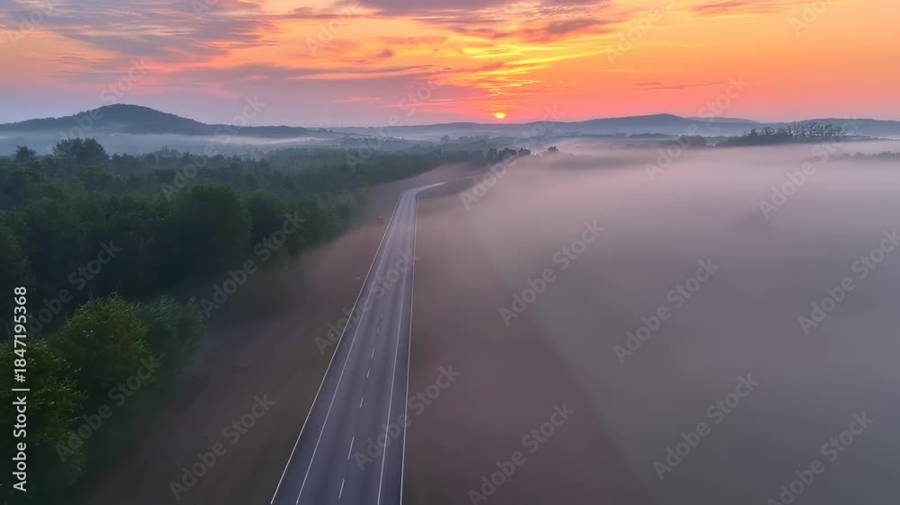 custom made wallpaper toronto digitalA highway cuts through fog, sunrise colors the sky and landscape. Road flanked by trees