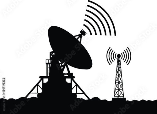 Satellite Dish and Radio Tower Silhouette for Wireless Signal Communication