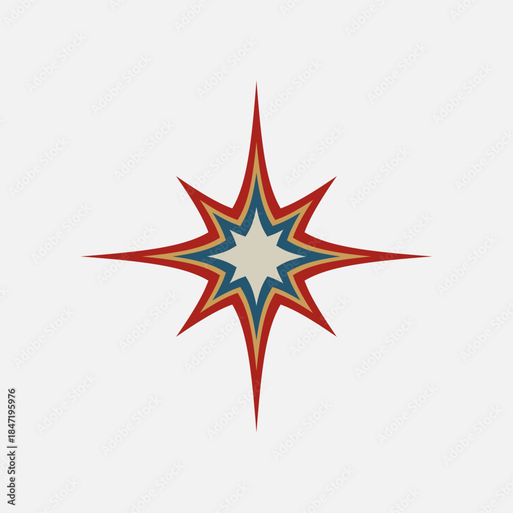Fototapeta premium bold retro starburst emblem with layered pointed shapes in red teal mustard and cream mid-century modern inspired geometric icon perfect for vintage designs logos and patterns vector