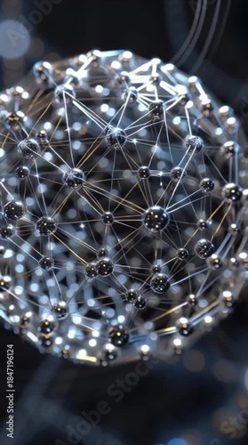 A gleaming metallic spherical structure composed of countless interconnected nodes and lines in a mesmerizing close-up.