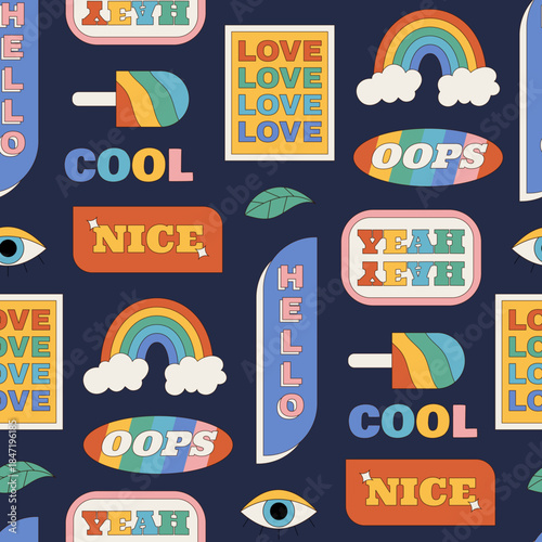 Groovy seamless pattern in retro y2k cartoon graphic style. Playful sticker elements and fun colorful background combine cool shapes in this vibrant composition. Trendy surface, cheerful
