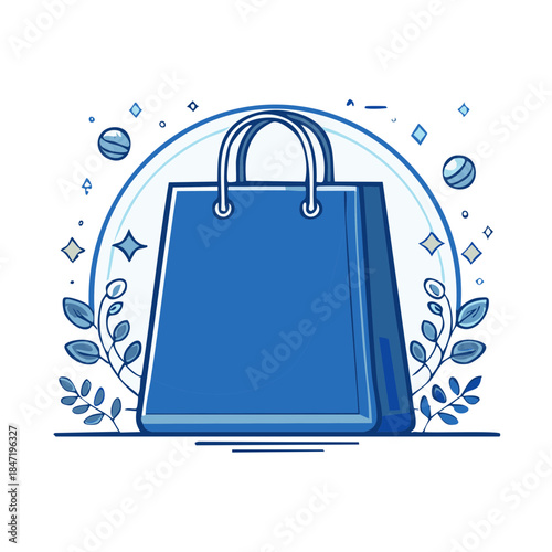 Blue shopping bag illustration with decorative elements, leaves, stars, and a semi-circular frame, presenting a commercial or marketing theme